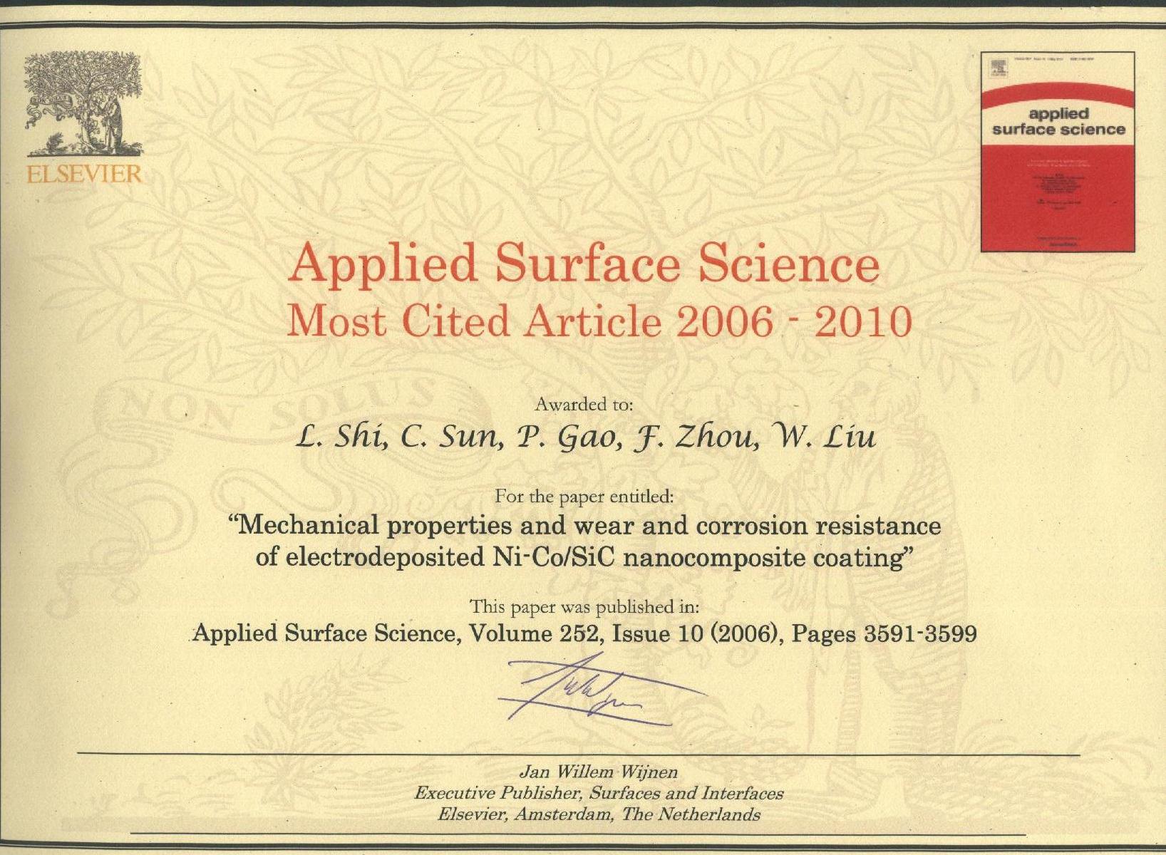 applied surface science cover letter